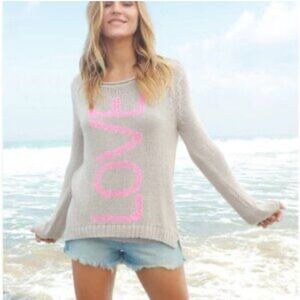 Wooden Ships Khaki/Pink Love Crew Neck Cotton Sweater Sz M/L Valentines Day Love